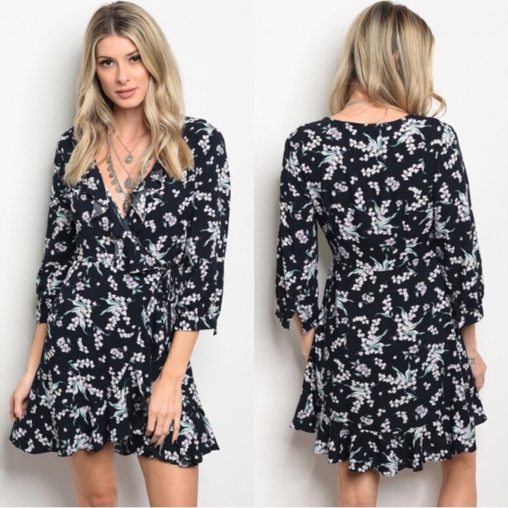 V-Neck Floral Ruffle Dress